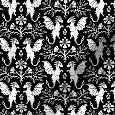 Dragons Damask - traditional, fantasy, floral, goth - black and white - Pollinator Dragons coordinate - medium