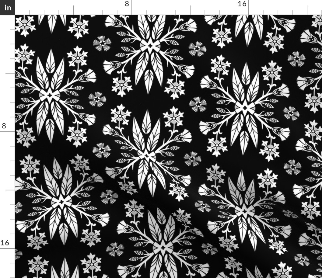 Dragon Feathers - kaleidoscope traditional floral, goth - black and white - Pollinator Dragons coordinate - large