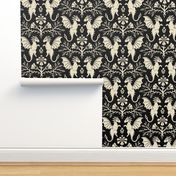 Dragons Damask - traditional, fantasy, floral, goth - cream on black - Pollinator Dragons coordinate - extra large
