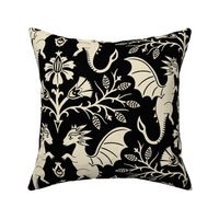 Dragons Damask - traditional, fantasy, floral, goth - cream on black - Pollinator Dragons coordinate - extra large