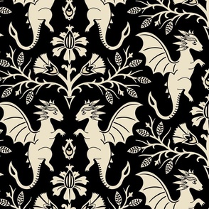 Dragons Damask - traditional, fantasy, floral, goth - cream on black - Pollinator Dragons coordinate - extra large