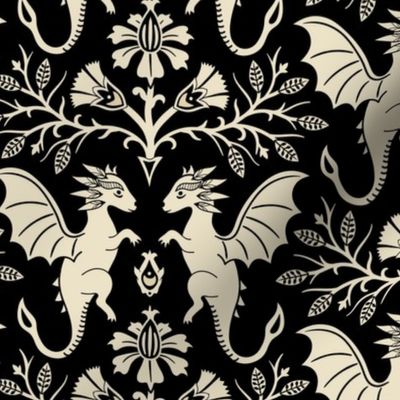 Dragons Damask - traditional, fantasy, floral, goth - cream on black - Pollinator Dragons coordinate - large