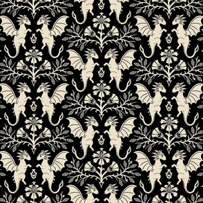 Dragons Damask - traditional, fantasy, floral, goth - cream on black - Pollinator Dragons coordinate - large