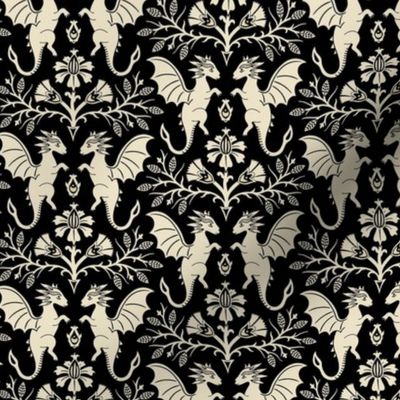 Dragons Damask - traditional, fantasy, floral, goth - cream on black - Pollinator Dragons coordinate - medium