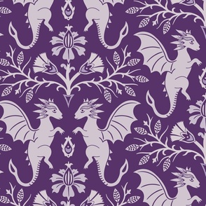 Dragons Damask - traditional, fantasy, floral, goth - royal purple - Pollinator Dragons coordinate - extra large