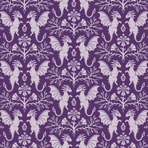 Dragons Damask - traditional, fantasy, floral, goth - royal purple - Pollinator Dragons coordinate - large