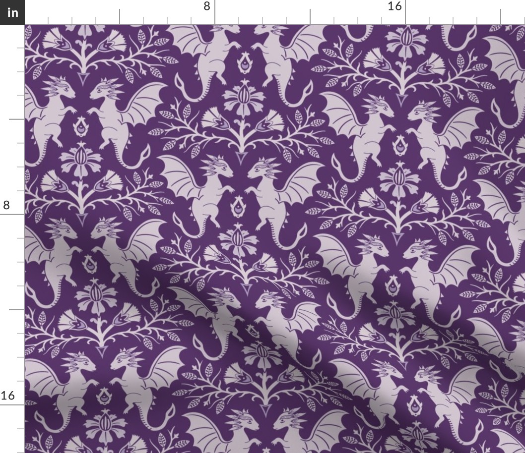 Dragons Damask - traditional, fantasy, floral, goth - royal purple - Pollinator Dragons coordinate - large