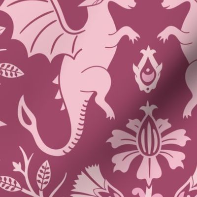 Dragons Damask - traditional, fantasy, floral, geek, goth, feminine - rose pink - Pollinator Dragons coordinate - extra large