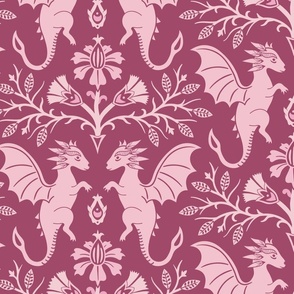 Dragons Damask - traditional, fantasy, floral, geek, goth, feminine - rose pink - Pollinator Dragons coordinate - extra large