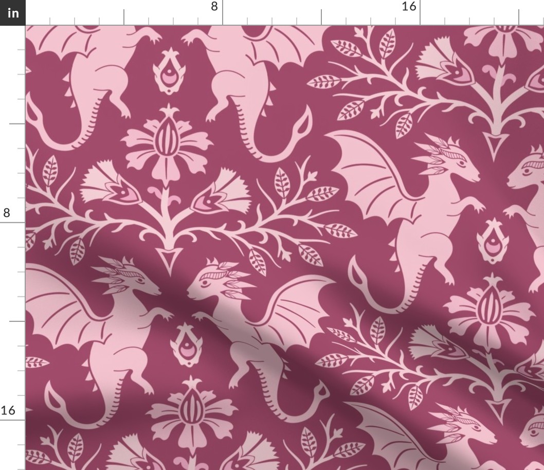 Dragons Damask - traditional, fantasy, floral, geek, goth, feminine - rose pink - Pollinator Dragons coordinate - extra large