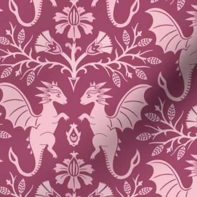 Dragons Damask - traditional, fantasy, floral, geek, goth, feminine - rose pink - Pollinator Dragons coordinate - large