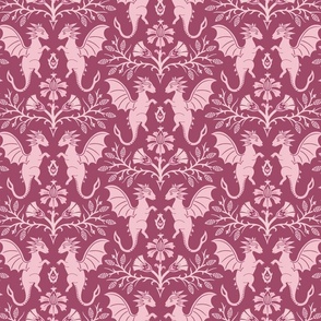 Dragons Damask - traditional, fantasy, floral, geek, goth, feminine - rose pink - Pollinator Dragons coordinate - large