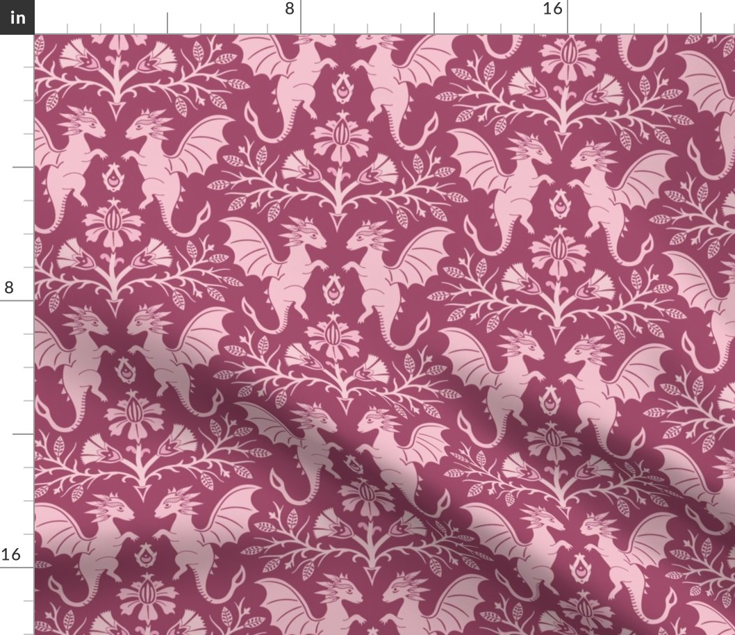 Dragons Damask - traditional, fantasy, floral, geek, goth, feminine - rose pink - Pollinator Dragons coordinate - large