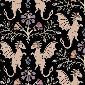 Dragons Damask - traditional, fantasy, floral, goth - muted jewel tones on black - Pollinator Dragons coordinate - extra large