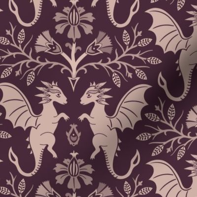 Dragons Damask - traditional, fantasy, floral, goth - vintage burgundy, dusty pink - Pollinator Dragons coordinate - large