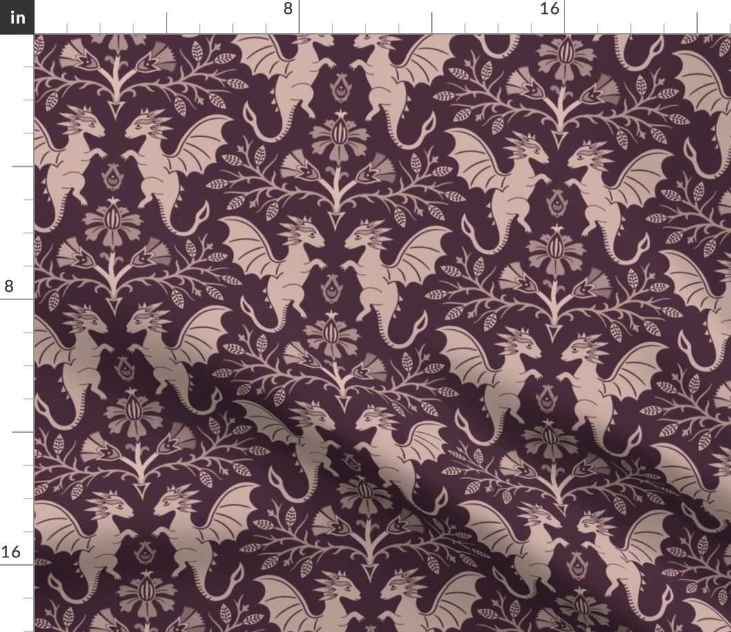 Dragons Damask - traditional, fantasy, floral, goth - vintage burgundy, dusty pink - Pollinator Dragons coordinate - large