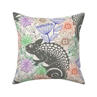 Chameleons Just Wanna Have Fun Cute Rainforest Reptile Line-Drawing Floral in Retro Gray Red Purple Blue Green - LARGE Scale - UnBlink Studio by Jackie Tahara