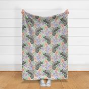 Chameleons Just Wanna Have Fun Cute Rainforest Reptile Line-Drawing Floral in Retro Gray Red Purple Blue Green - LARGE Scale - UnBlink Studio by Jackie Tahara