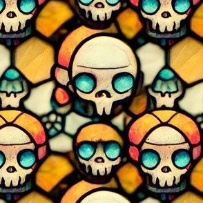 Chibi Cartoon Style Skulls on Stained Glass Art Design for Home Decor, Colorful