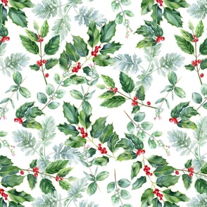 Holly and Snowberry_Christmas background, white 