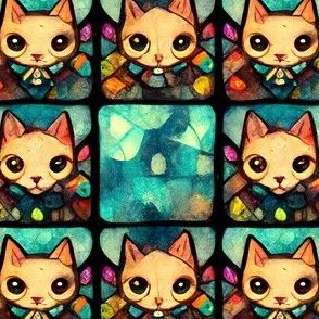 A Cute Funny Cats, Kitten, Kitty Cartoon Style on Stained Glass Art Design for Home Decor, Colorful