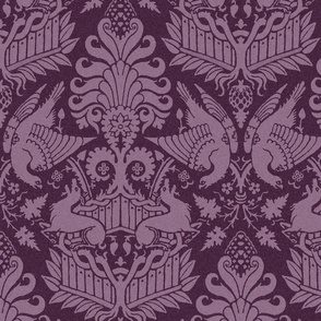 14th Century Damask with Hawks and Deer, Aubergine