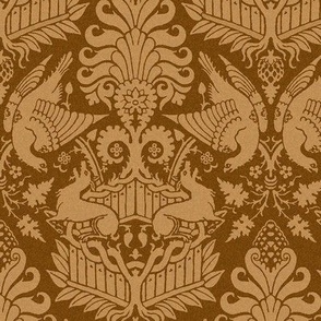 14th Century Damask with Hawks and Deer, Burnt Caramel, Small