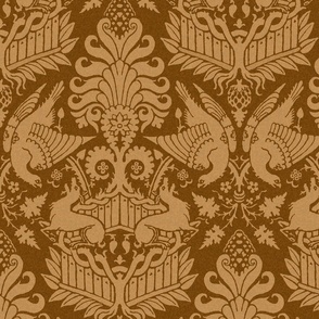 14th Century Damask with Hawks and Deer, Burnt Caramel