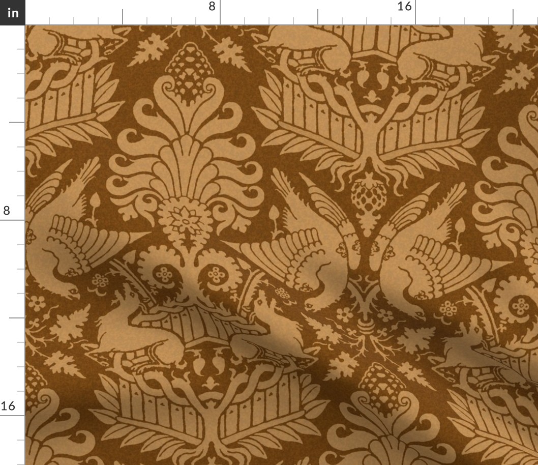 14th Century Damask with Hawks and Deer, Burnt Caramel