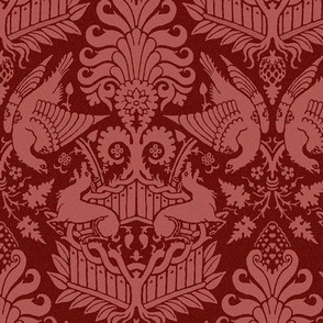 14th Century Damask with Hawks and Deer, Dark Red, Small