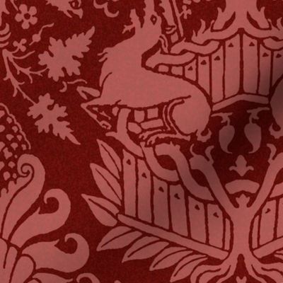 14th Century Damask with Hawks and Deer, Dark Red