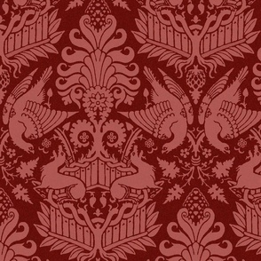 14th Century Damask with Hawks and Deer, Dark Red