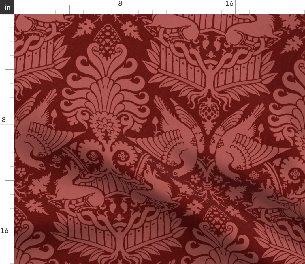 14th Century Damask with Hawks and Deer, Dark Red