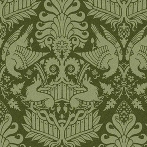 14th Century Damask with Hawks and Deer, Olive Green, Small