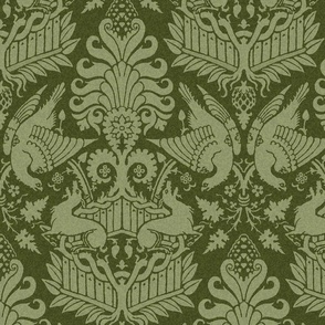 14th Century Damask with Hawks and Deer, Olive Green