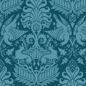 14th Century Damask with Hawks and Deer, Peacock Blue, Small