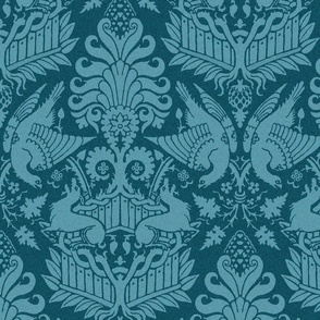 14th Century Damask with Hawks and Deer, Peacock Blue