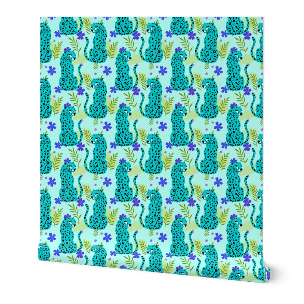 Teal Jaguar in the jungle- flowers- teal background.  