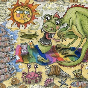 dragon day at the beach, catch that frisbee! jumbo large scale, grey gray beige tan sand brown red orange yellow green blue indigo violet purple black white whimsical quirky cute