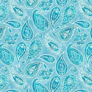 White Fancy Paisleys Outlines Shades of Caribbean Blue