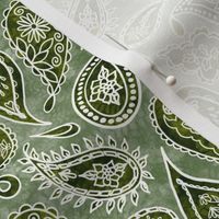 White Fancy Paisleys Outlines Shades of Moss on Sage Greens