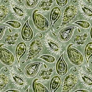 White Fancy Paisleys Outlines Shades of Moss on Sage Greens