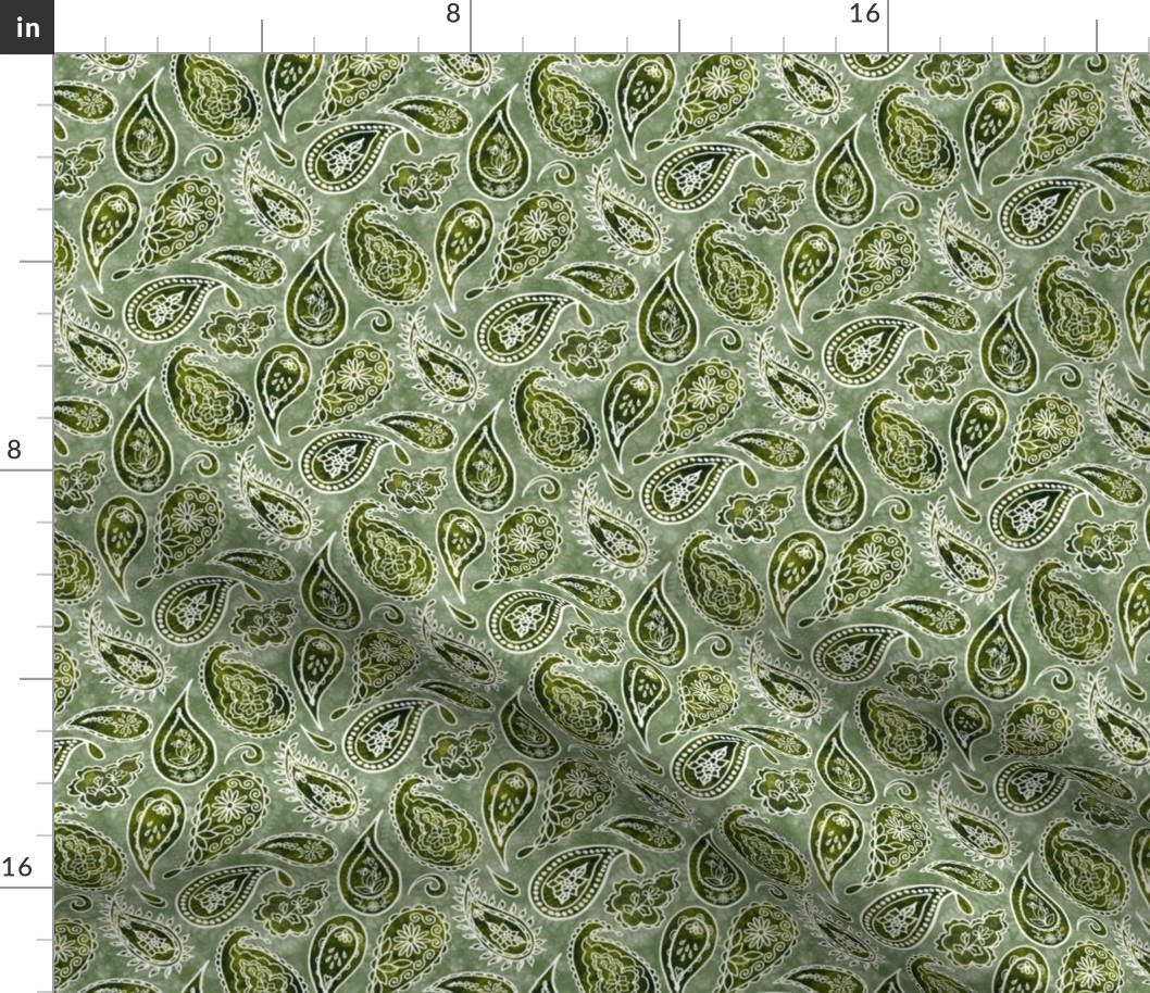 White Fancy Paisleys Outlines Shades of Moss on Sage Greens