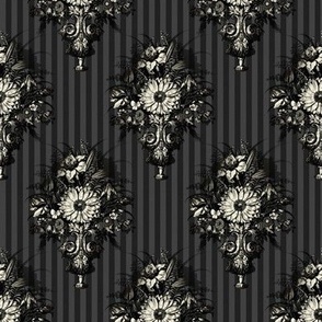 Victorian Vase Bouquets in Regency Sage on Charcoal Pinstripes - Coordinate