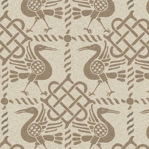 Medieval Birds and Knots, Light Brown Linen