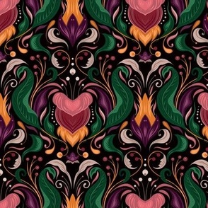 Art Nouveau Tulip Damask in Salmon Pink, Tangerine, and Emerald