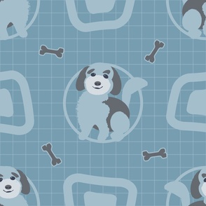 Doodle Puppy Dog Round Square Bone Blue, MEDIUM Muted—Baby Boy Blue, Nursery, Grid, checkerboard, Play Room, Blanket, Cute, Whimsy, Juvenile, Golden Doodle, Check, Dog, LARGE; v01_4200