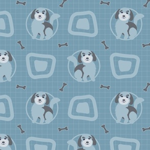 Doodle Puppy Dog Round Square Bone Blue, SMALL Muted—Baby Boy Blue, Nursery, Grid, Play Room, Blanket, Cute, Whimsy, Juvenile, Golden Doodle, checkerboard, Check, Dog,; v01_2100