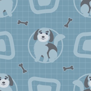 Doodle Puppy Dog Round Square Bone Blue, LARGE Muted—Baby Boy Blue, Nursery, Grid, Play Room, Blanket, Cute, Cuter, Cutest Kids Sheets, Whimsy, Juvenile, Golden Doodle, Check, checkerboard , Dog,; v01_6300