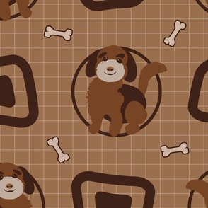 Doodle Puppy Dog Round Square Bone BROWN, MEDIUM Muted—Puppy, Beige, Tan, Earth Tone, Baby Boy, Nursery, Grid, checkerboard, BROWN, Play Room, Blanket, Cute, Whimsy, Juvenile, Golden Doodle, Check, checkerboard, Dog,; v01_4200